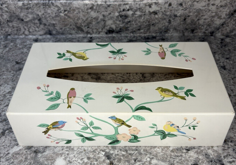 Vintage Tissue Box Cover Birds Flowers Platic Japan Jakson Bath MCM Decoration